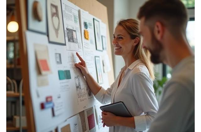 Una persona revisando planos y materiales creativos, simbolizando la guía de proyecto