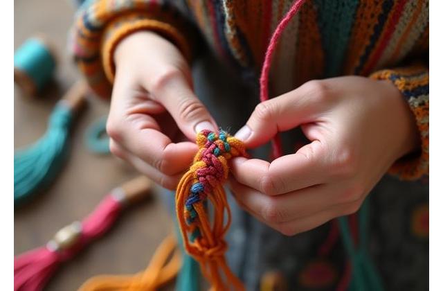 Manos tejiendo nudos de macramé para crear joyería artesanal, con hilos de colores