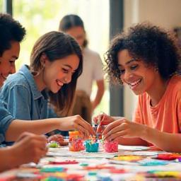 Grupo de personas felices creando manualidades juntas, simbolizando talleres personalizados para eventos