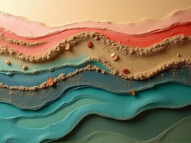 Cuadro de técnicas mixtas con texturas de arena, pintura acrílica y elementos naturales, hecho por Valentina S.
