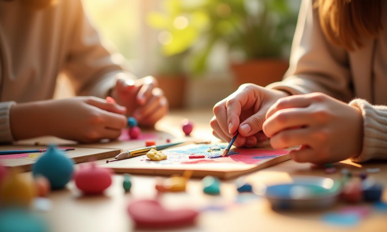 Taller de manualidades con manos creando arte decorativo, con herramientas y materiales coloridos